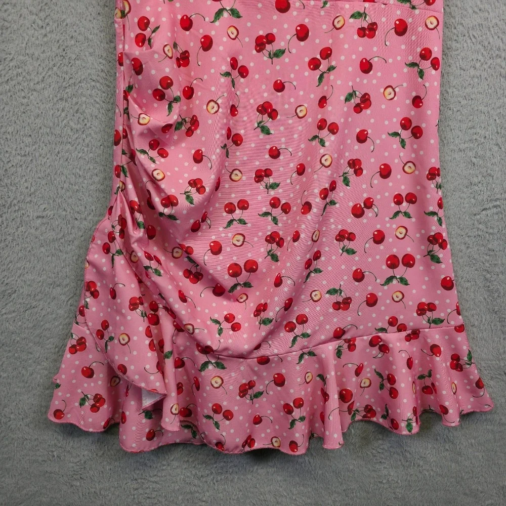 Womens Babydoll Pinup Dress L Pink Puff Sleeve Cherry Draped Coquette Mini‎